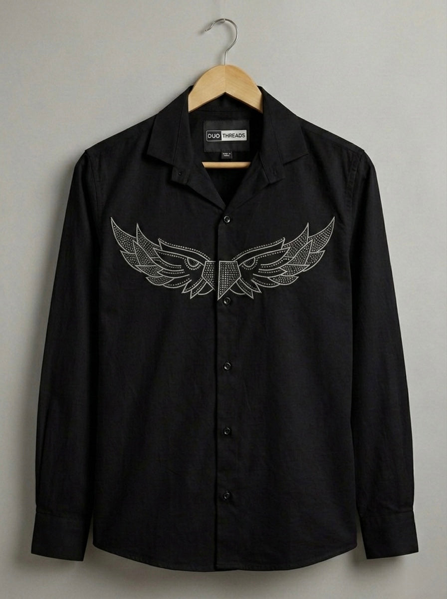 BLACK SLIM-FIT SHIRT WITH SILVER CRYSTAL WING EMBROIDERY