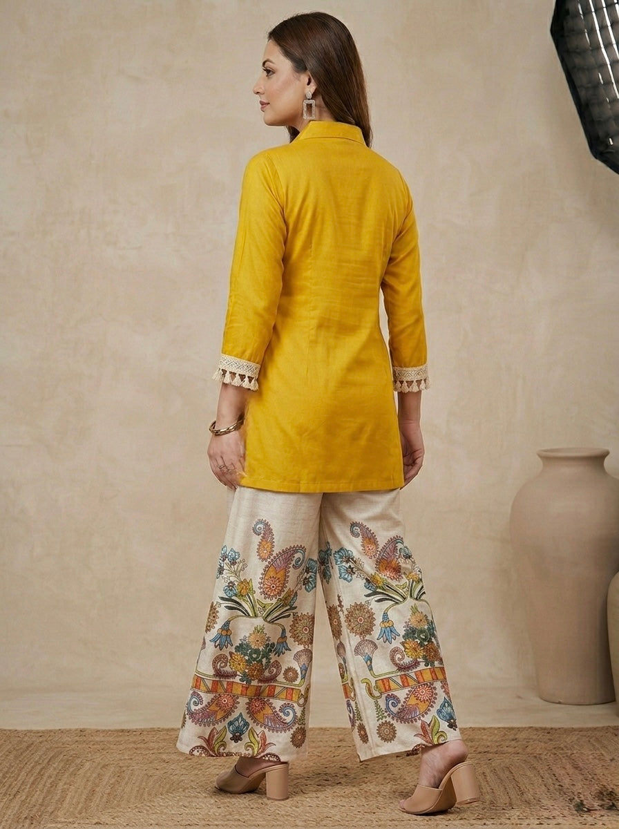 FLORAL PRINT BOTTOM YELLOW CORD SET