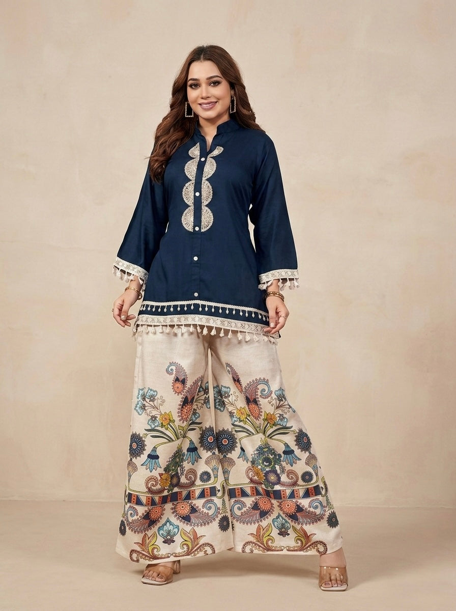 FLORAL PRINT BOTTOM NAVY CORD SET