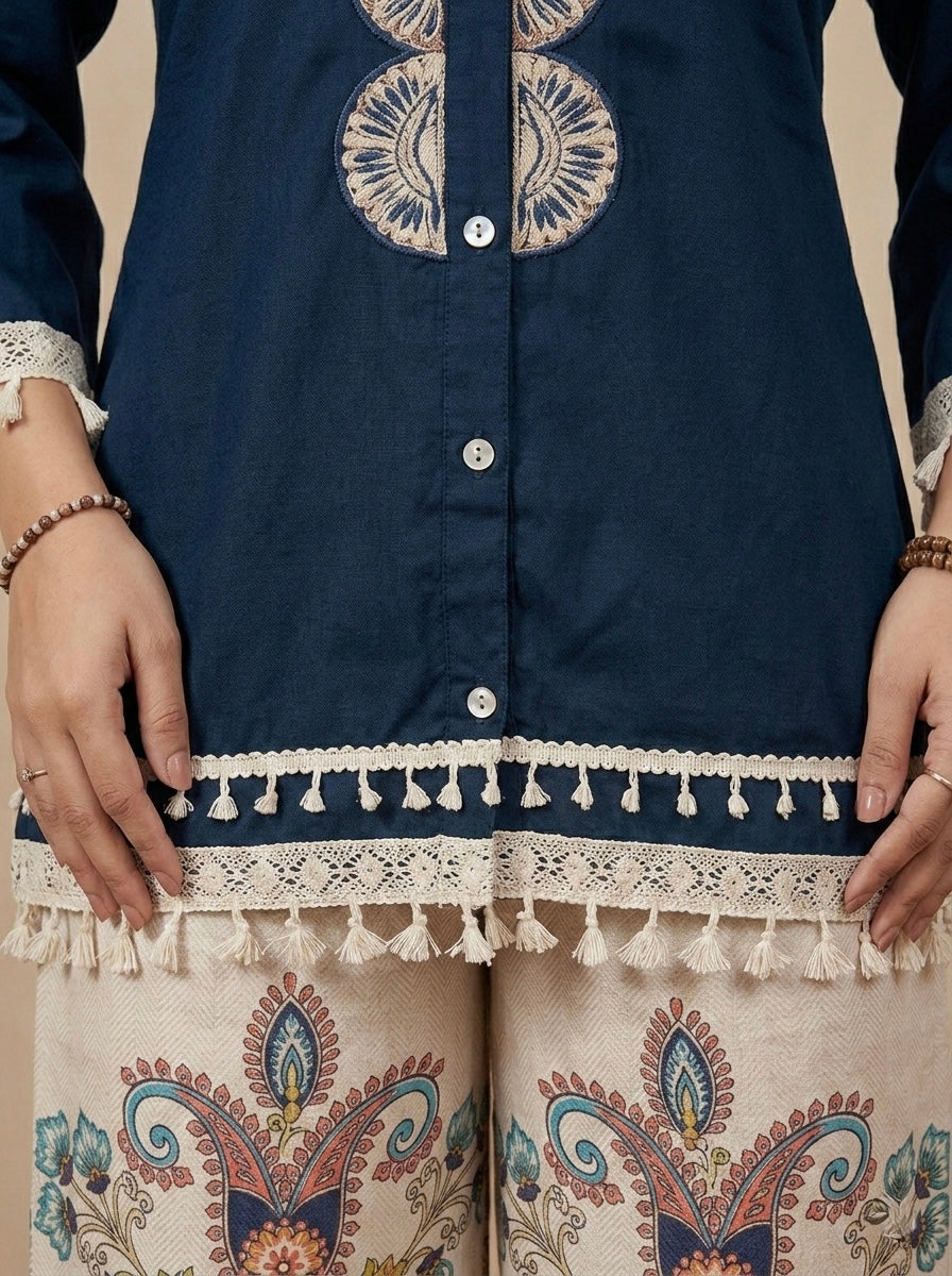 FLORAL PRINT BOTTOM NAVY CORD SET