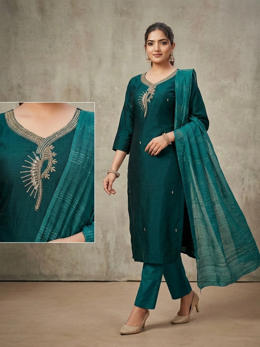 ELEGANT TEAL GREEN EMBROIDERED KURTI SET