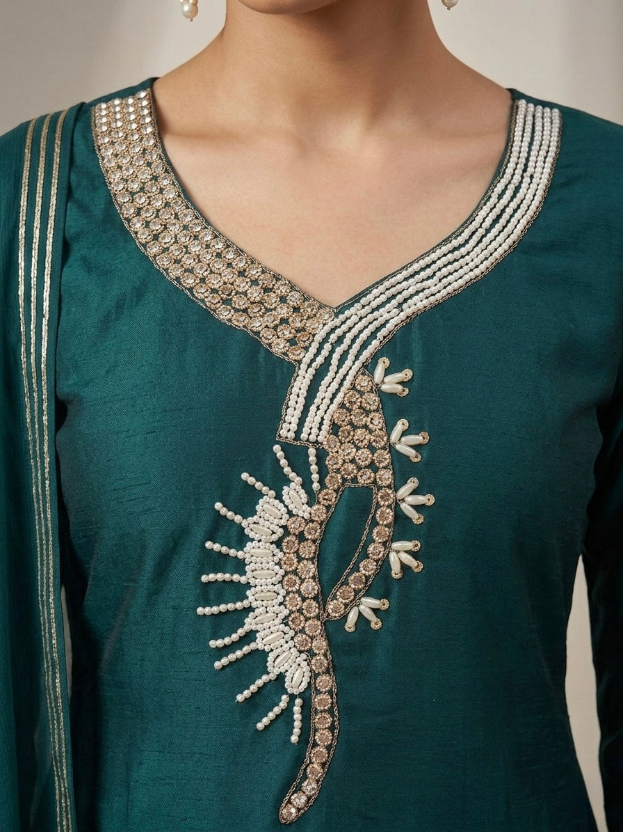 ELEGANT TEAL GREEN EMBROIDERED KURTI SET