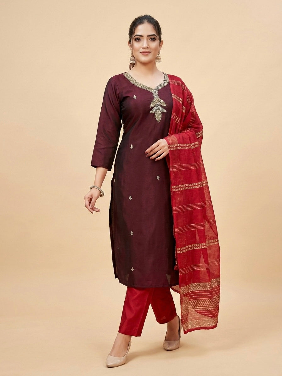 DEEP WINE SILK KURTI SET