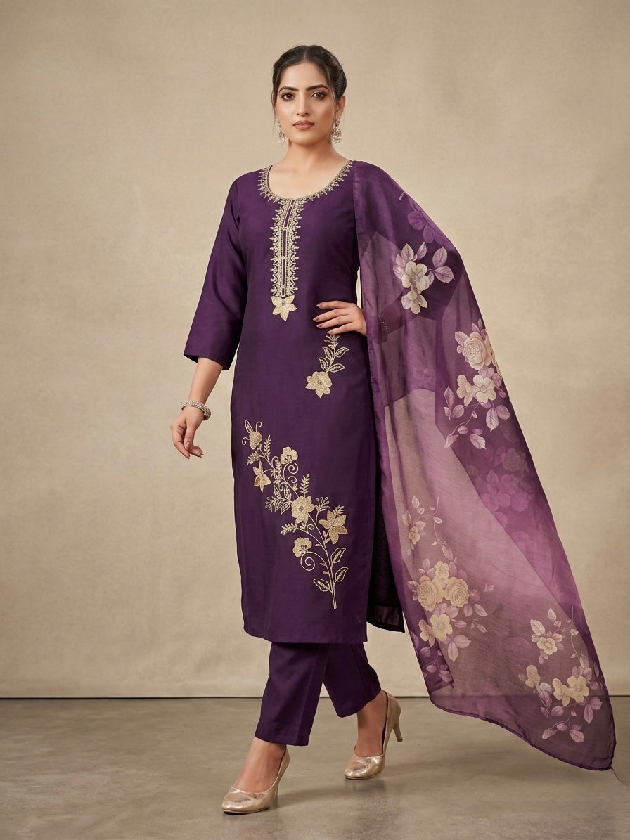 ROYAL PURPLE FLORAL EMBROIDERED KURTI SET