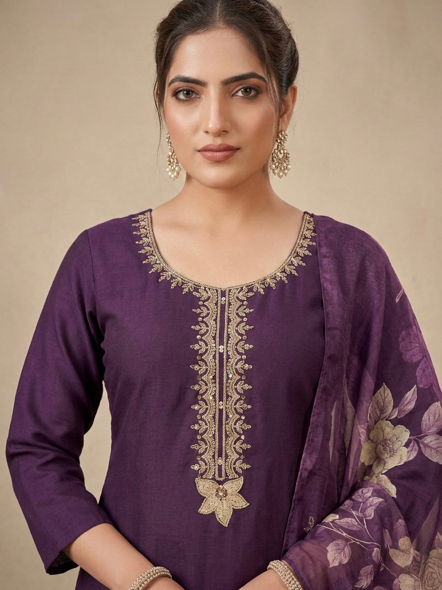 ROYAL PURPLE FLORAL EMBROIDERED KURTI SET