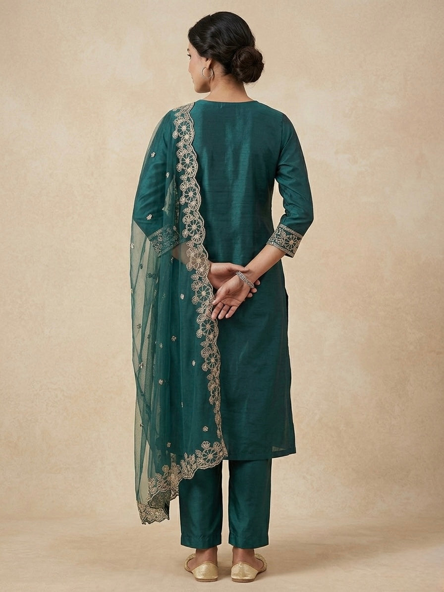 FOREST TEAL FLORAL FILIGREE KURTI SET