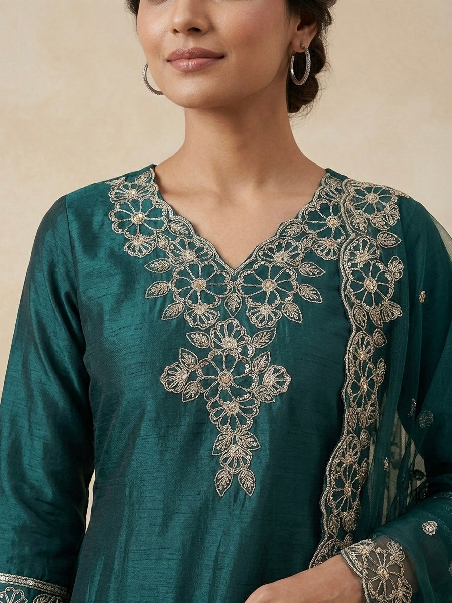 FOREST TEAL FLORAL FILIGREE KURTI SET