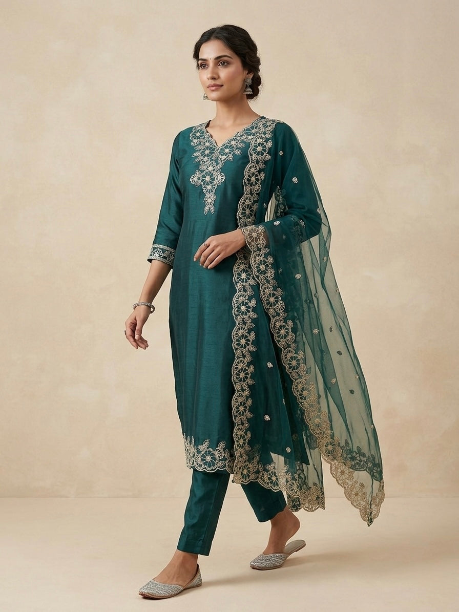 FOREST TEAL FLORAL FILIGREE KURTI SET