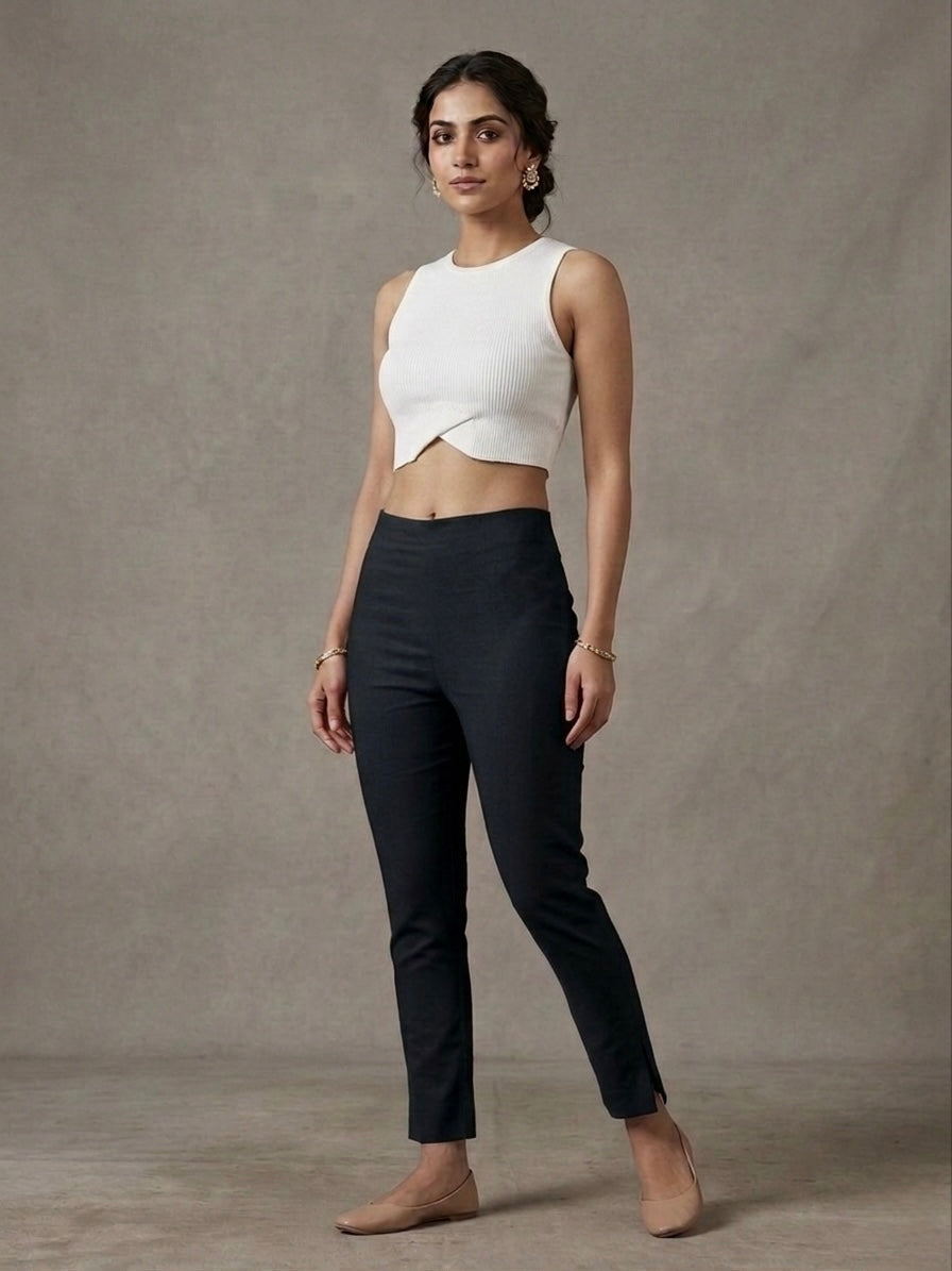 COTTON LINEN LYCRA ANCKLE LEGGIN BLACK
