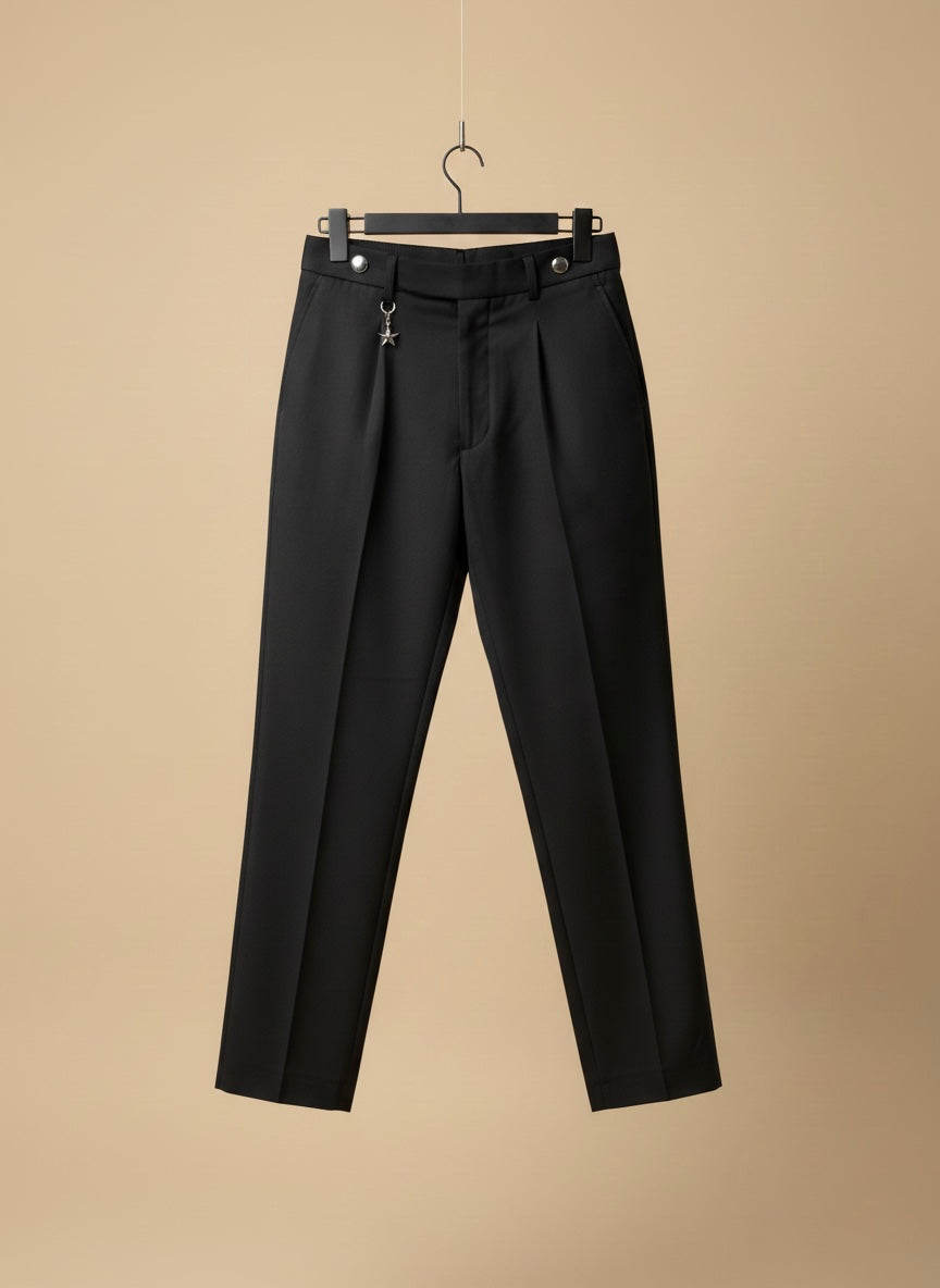 BLACK ACCENTED PLEATED SLIM FIT TROUSERS