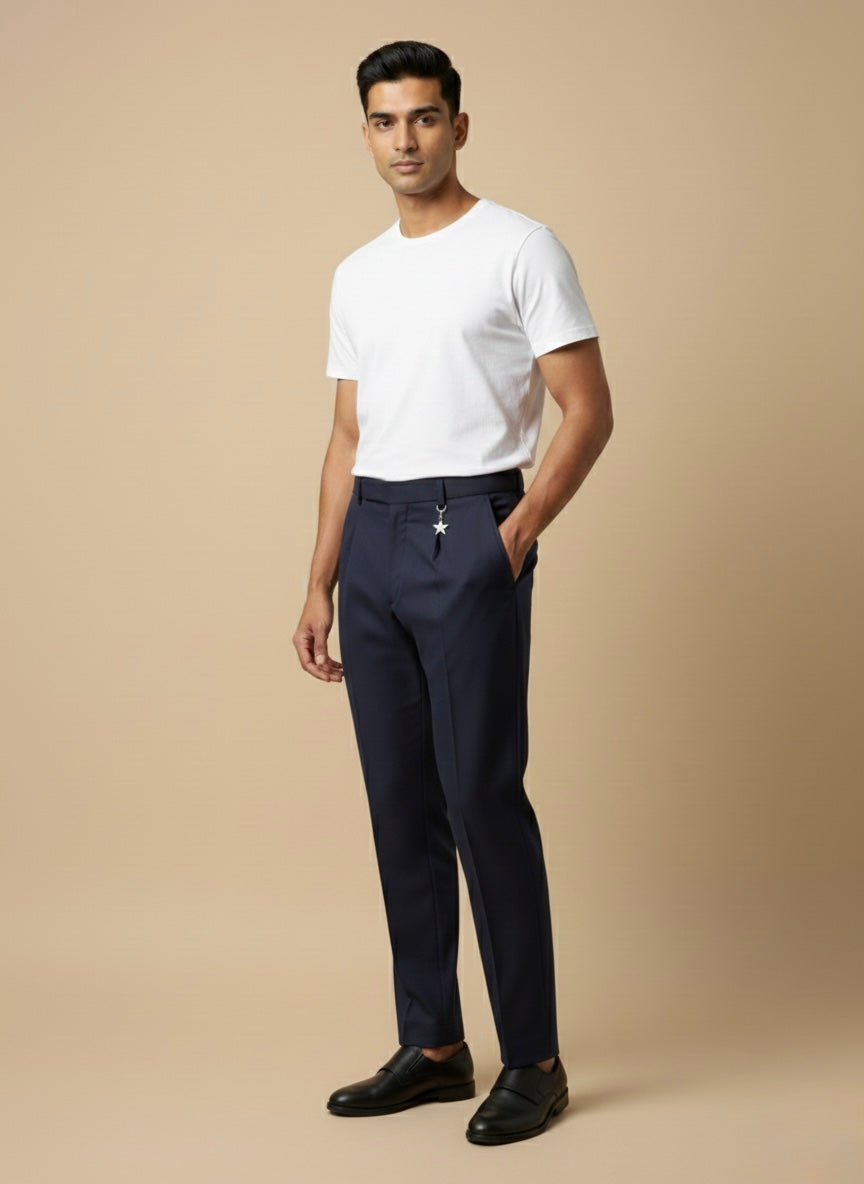 NAVY PLEATED SLIM FLIT TROUSERS