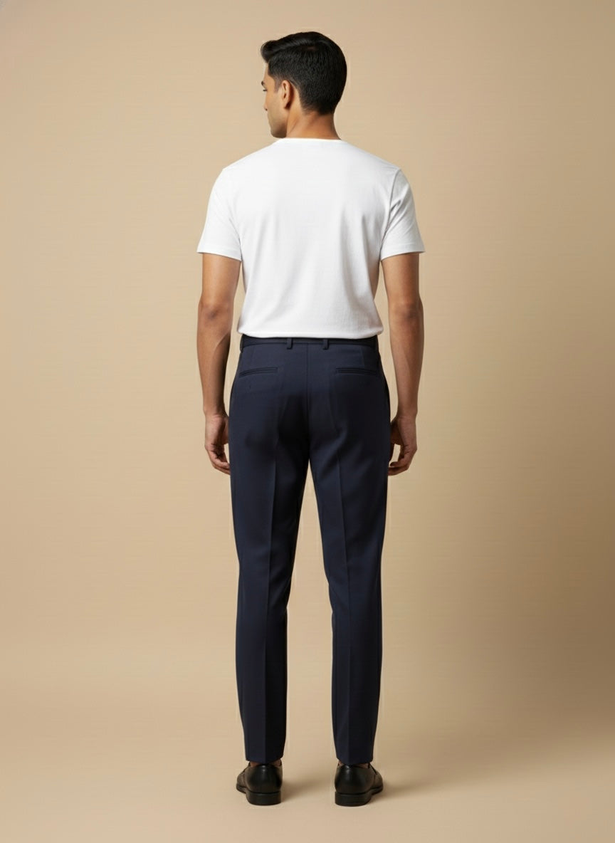 NAVY PLEATED SLIM FLIT TROUSERS