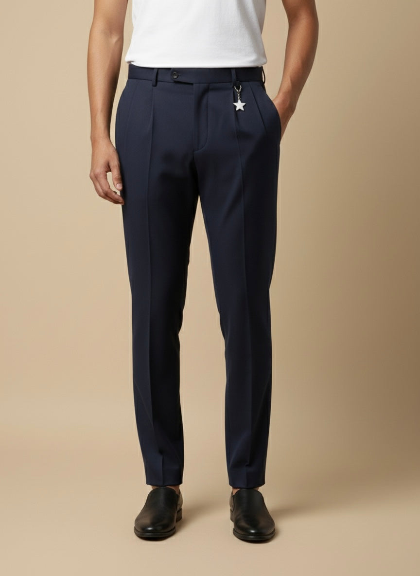NAVY PLEATED SLIM FLIT TROUSERS