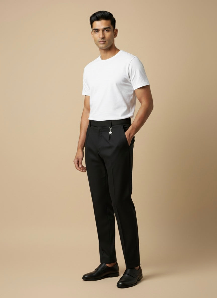 BLACK ACCENTED PLEATED SLIM FIT TROUSERS