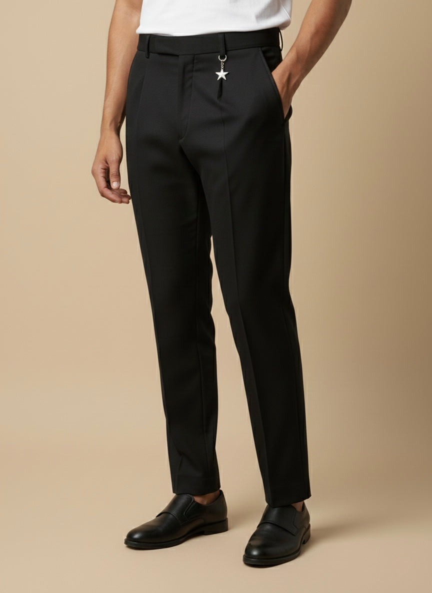 SLIM FIT PLEATED POPCORN BLACK TROUSER