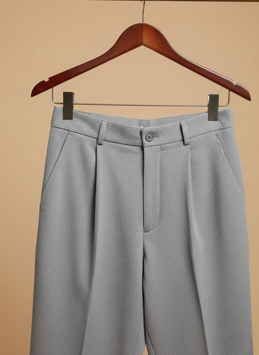 TEXTURED SLATE GREY PLEATED SLIM FIT TROUSERS