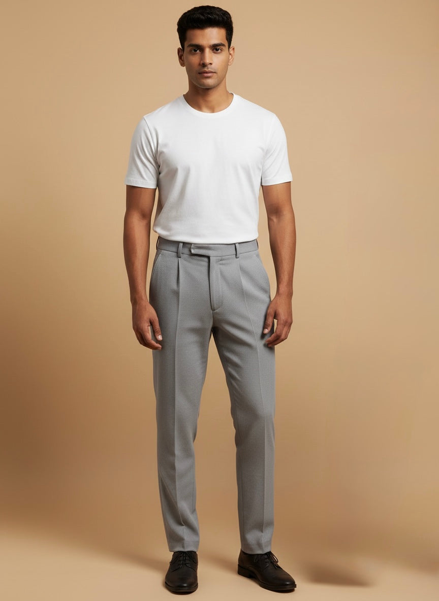 TEXTURED SLATE GREY PLEATED SLIM FIT TROUSERS