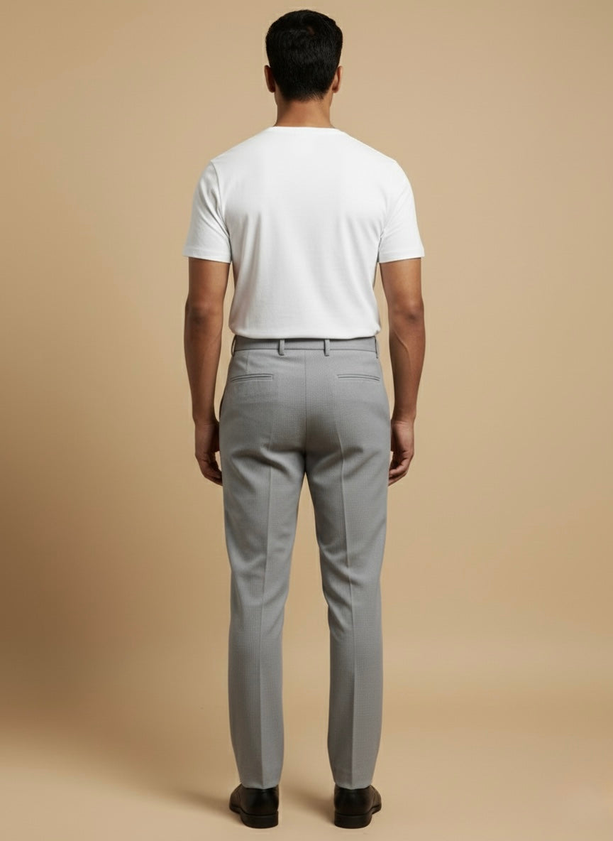 TEXTURED SLATE GREY PLEATED SLIM FIT TROUSERS