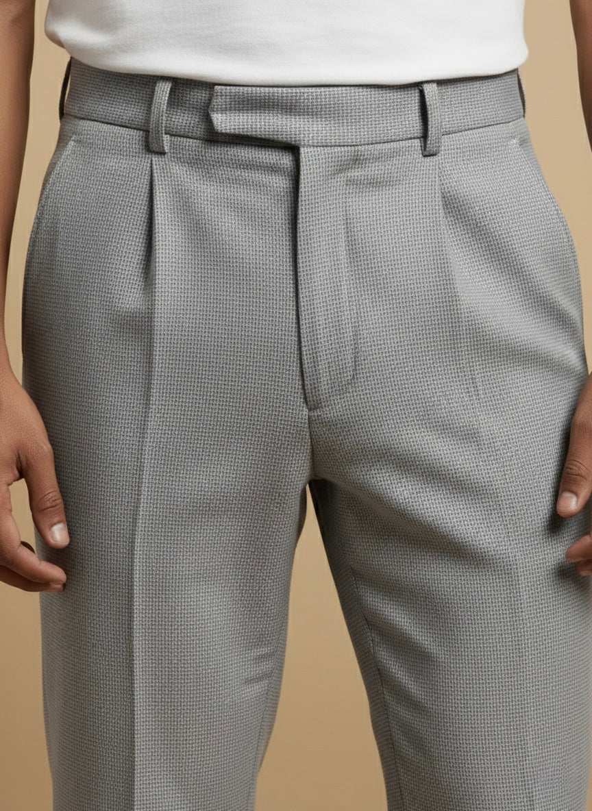 TEXTURED SLATE GREY PLEATED SLIM FIT TROUSERS