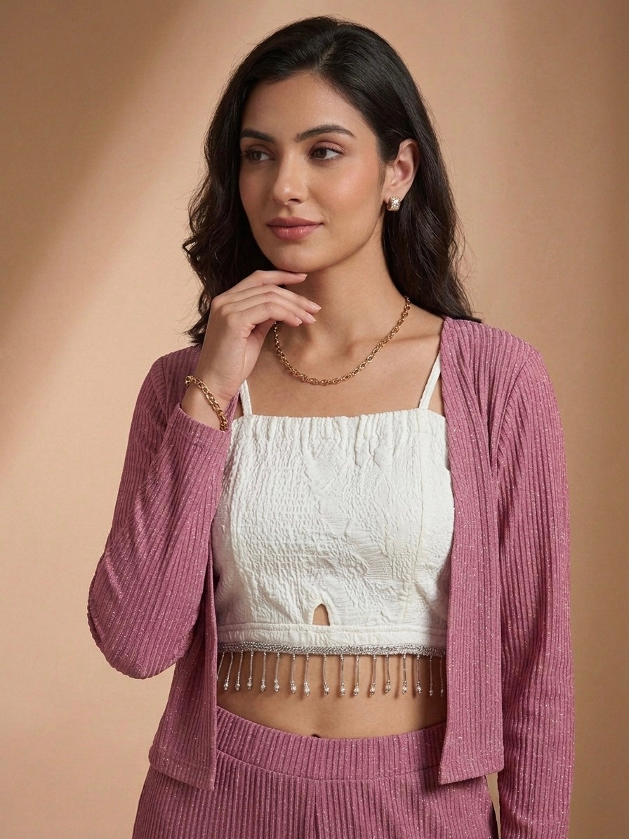 TEXTURED RIB-KNIT LOUNGE ENSEMBLE IN DUSTY PINK