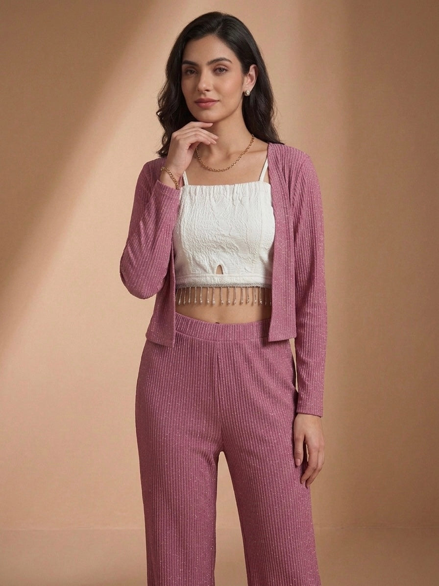 TEXTURED RIB-KNIT LOUNGE ENSEMBLE IN DUSTY PINK