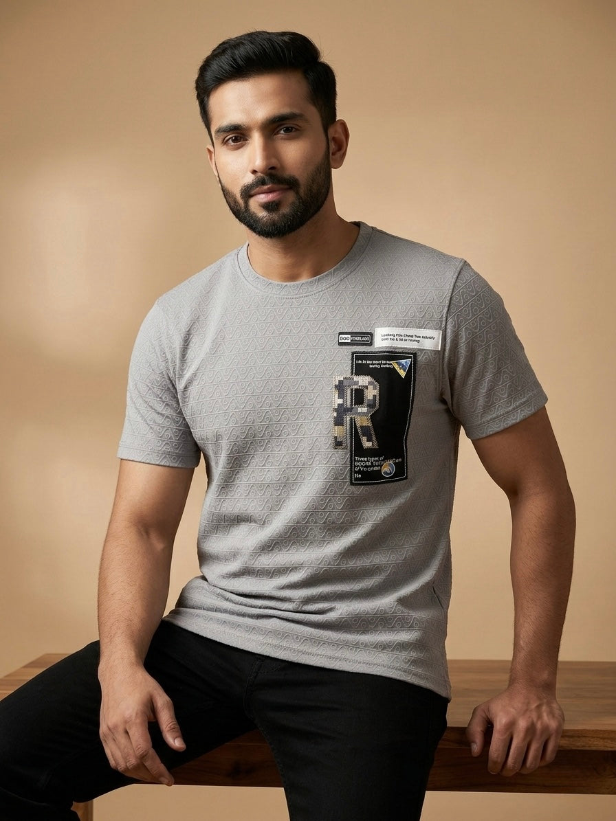 GREY CREWNECK TEXTURED T-SHIRT