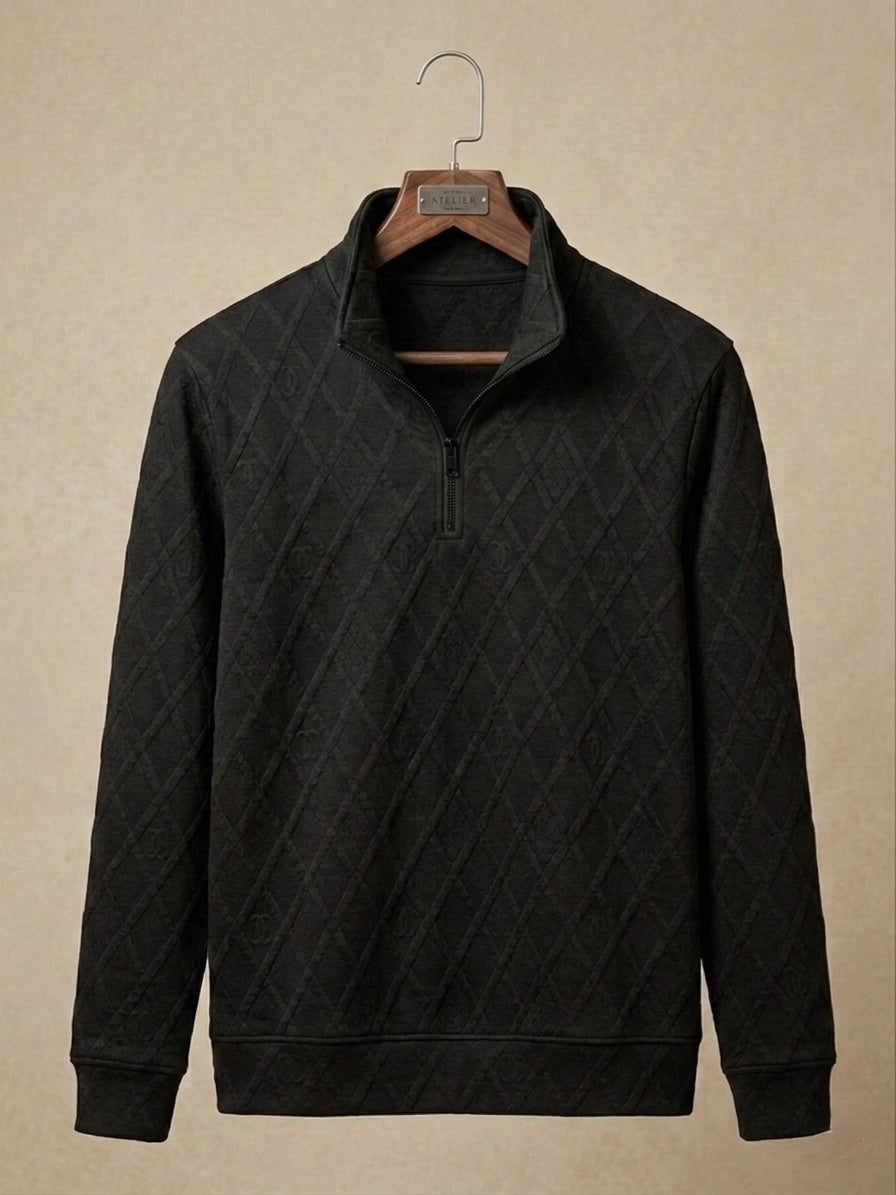 BLACK QUILTED DIAMOND HALF-ZIP SWEATSHIRT