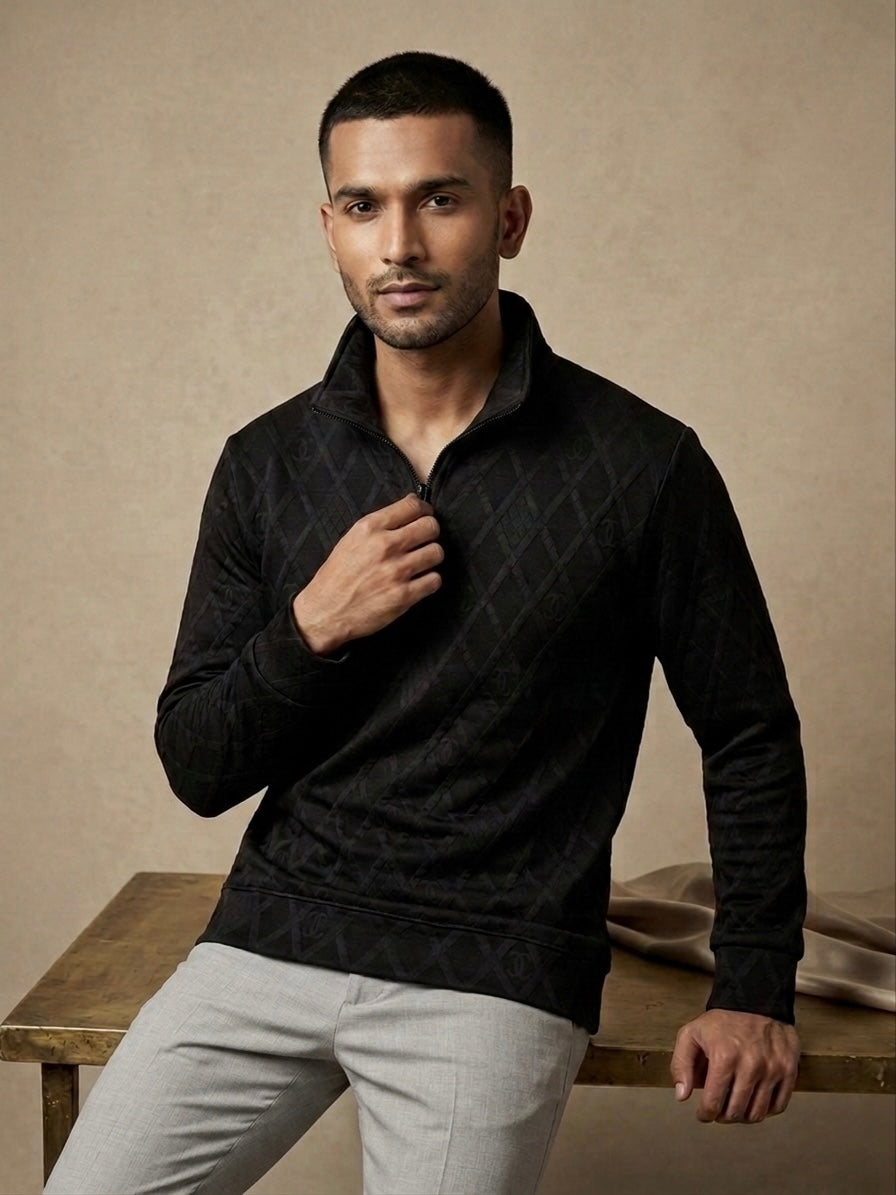 BLACK QUILTED DIAMOND HALF-ZIP SWEATSHIRT