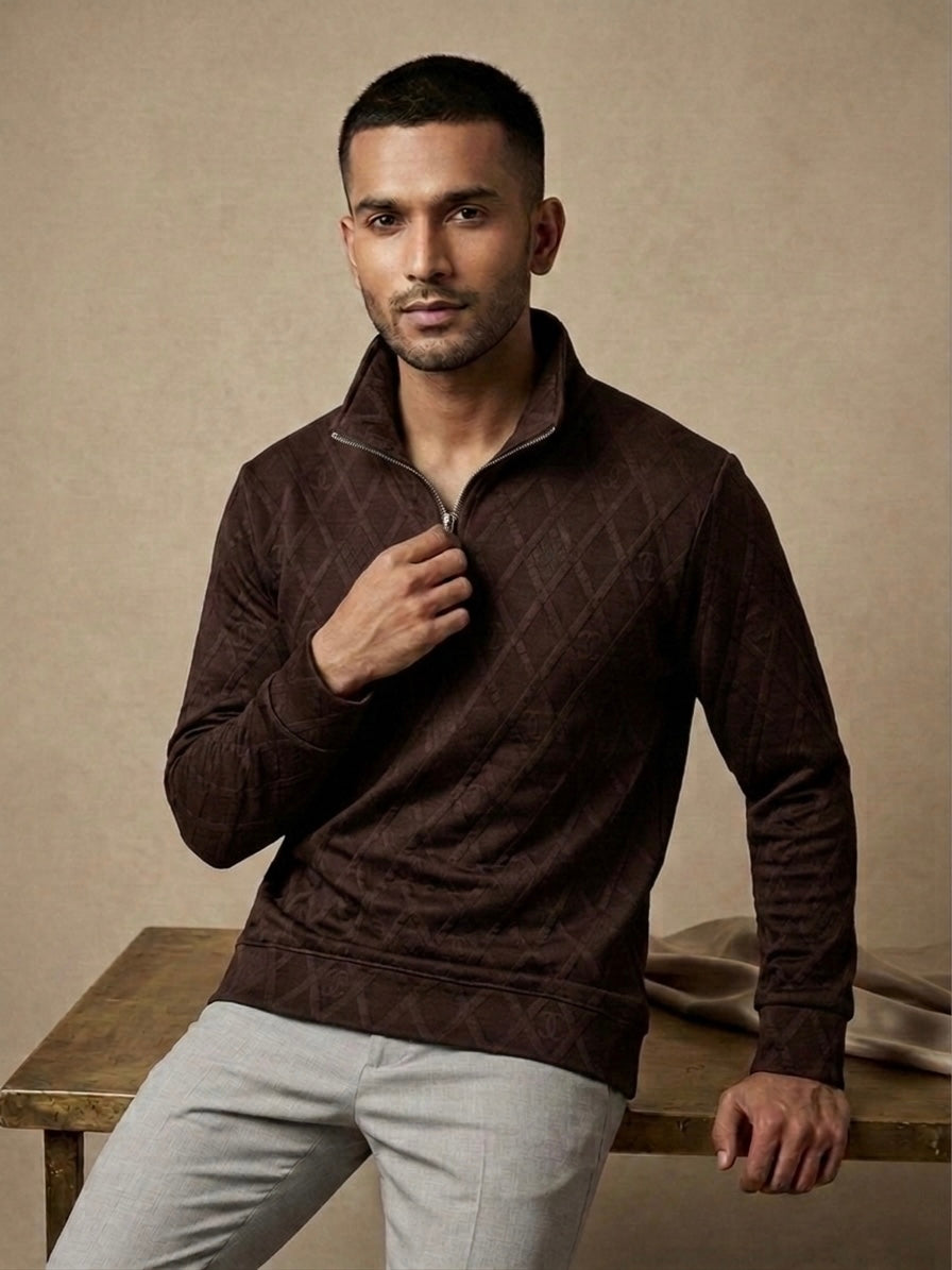 DEEP BROWN QUILTED DIAMOND HALF-ZIP SWEATSHIRT