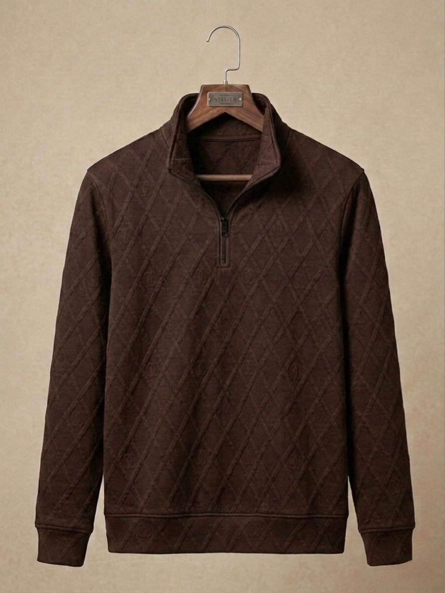 DEEP BROWN QUILTED DIAMOND HALF-ZIP SWEATSHIRT