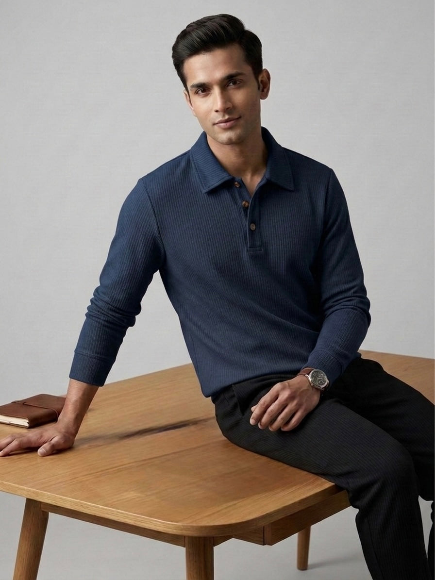 WAFFLE-KNIT LONG SLEEVE POLO SWEATSHIRT