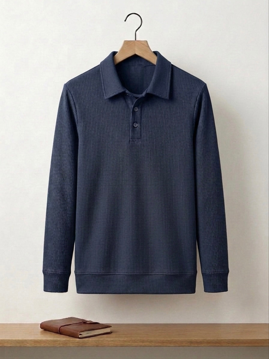 WAFFLE-KNIT LONG SLEEVE POLO SWEATSHIRT