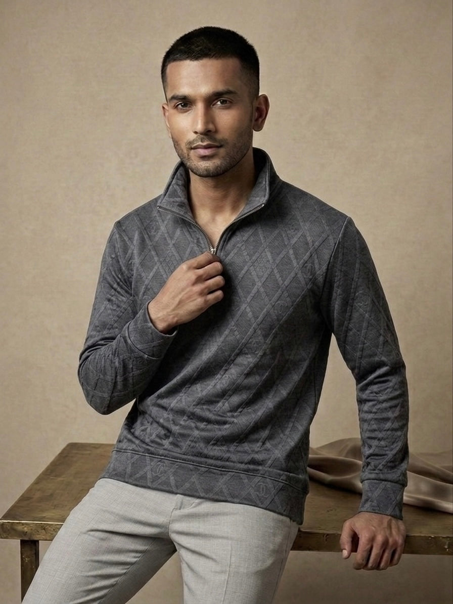 GRAPHITE GREY QUILTED DIAMOND HALF-ZIP SWEATSHIRT