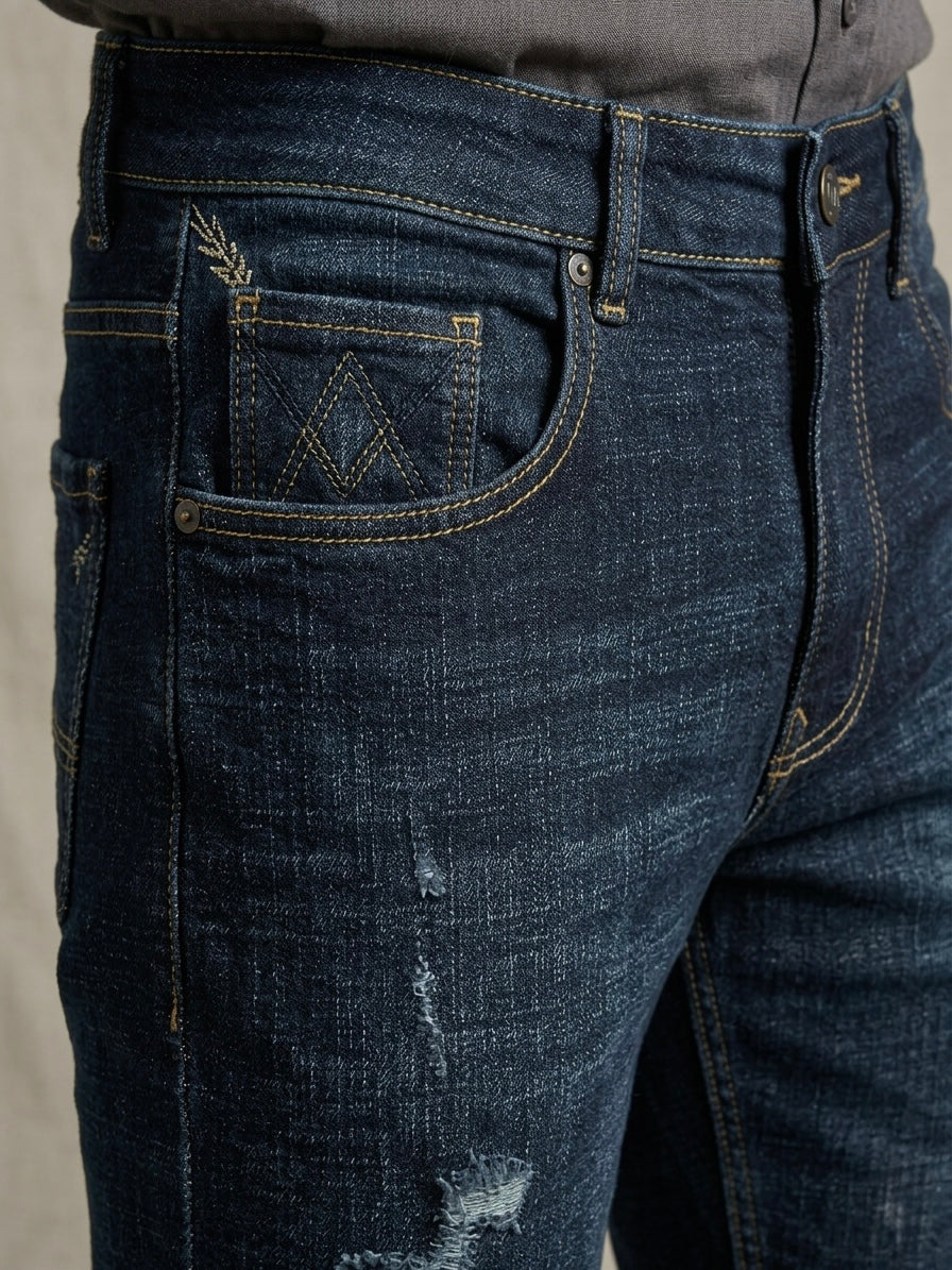 MIDNIGHT INDIGO DISTRESSED SLIM JEANS