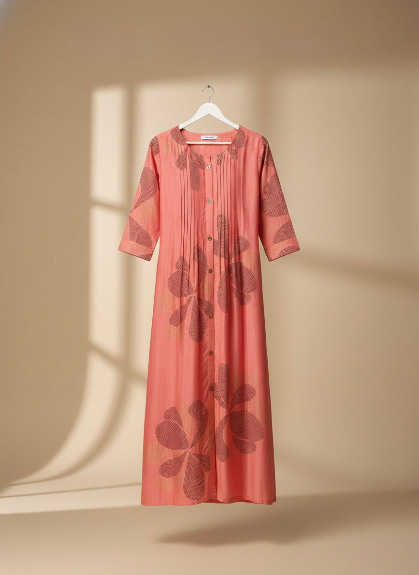 PEACH FLORAL PINTUCK SHIMMER KURTI (WITH COTTON LINING)
