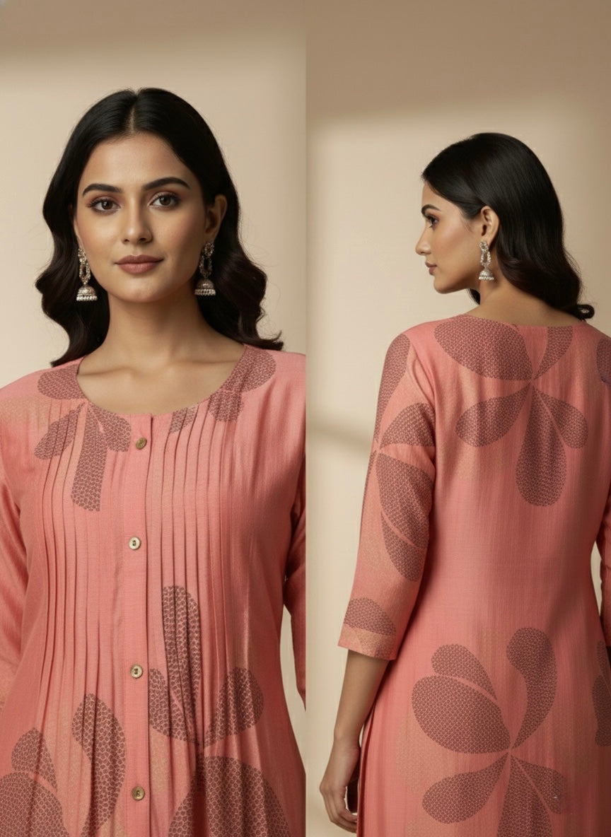 PEACH FLORAL PINTUCK SHIMMER KURTI (WITH COTTON LINING)