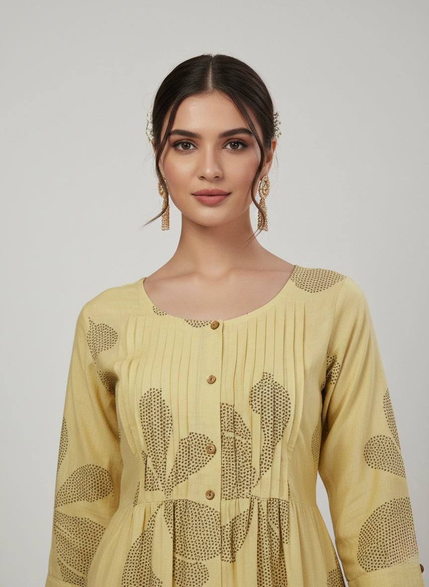 LEMON FLORAL PINTUCK MIDI SHIMMER KURTI (WITH COTTON LINING)