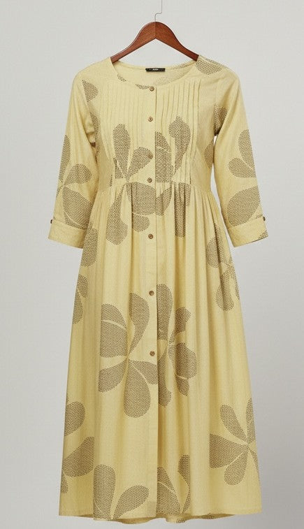 LEMON FLORAL PINTUCK MIDI SHIMMER KURTI (WITH COTTON LINING)