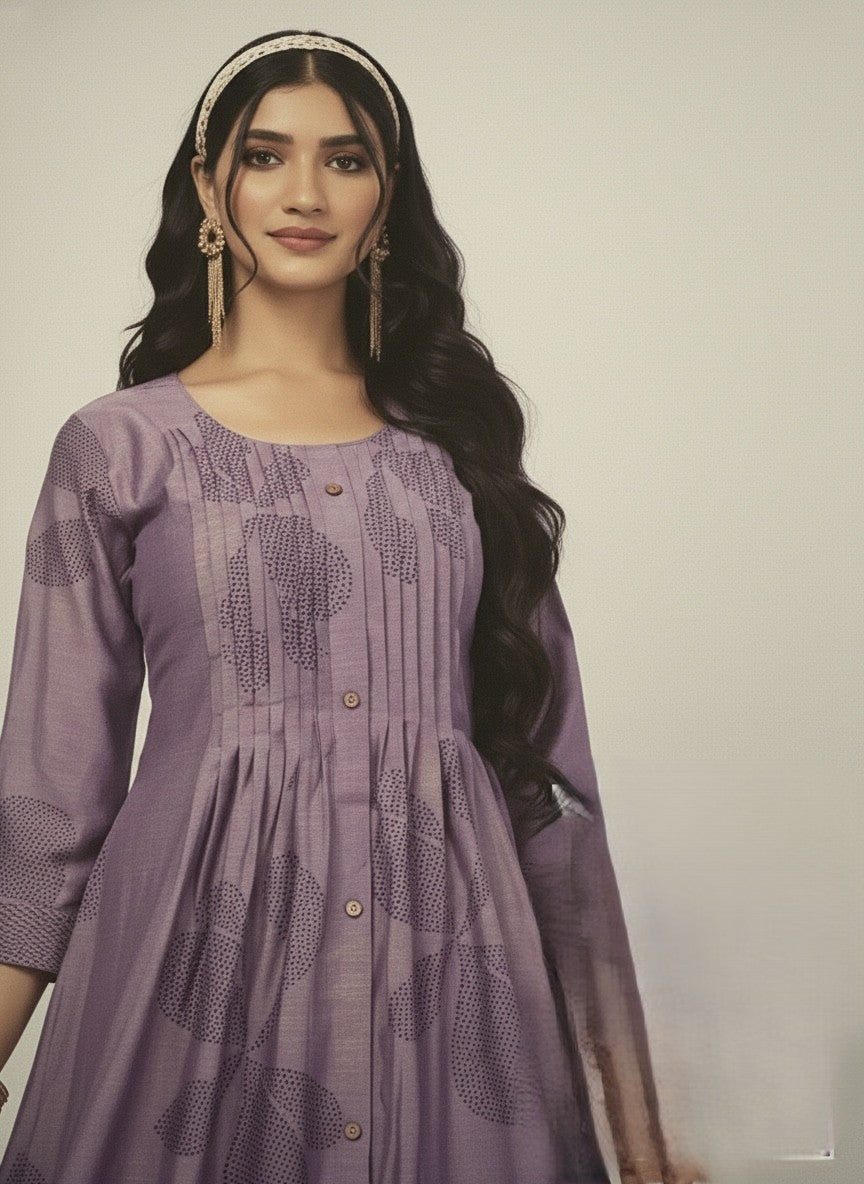LAVENDER FLORAL PINTUCK MIDI SHIMMER KURTI (WITH COTTON LINING)