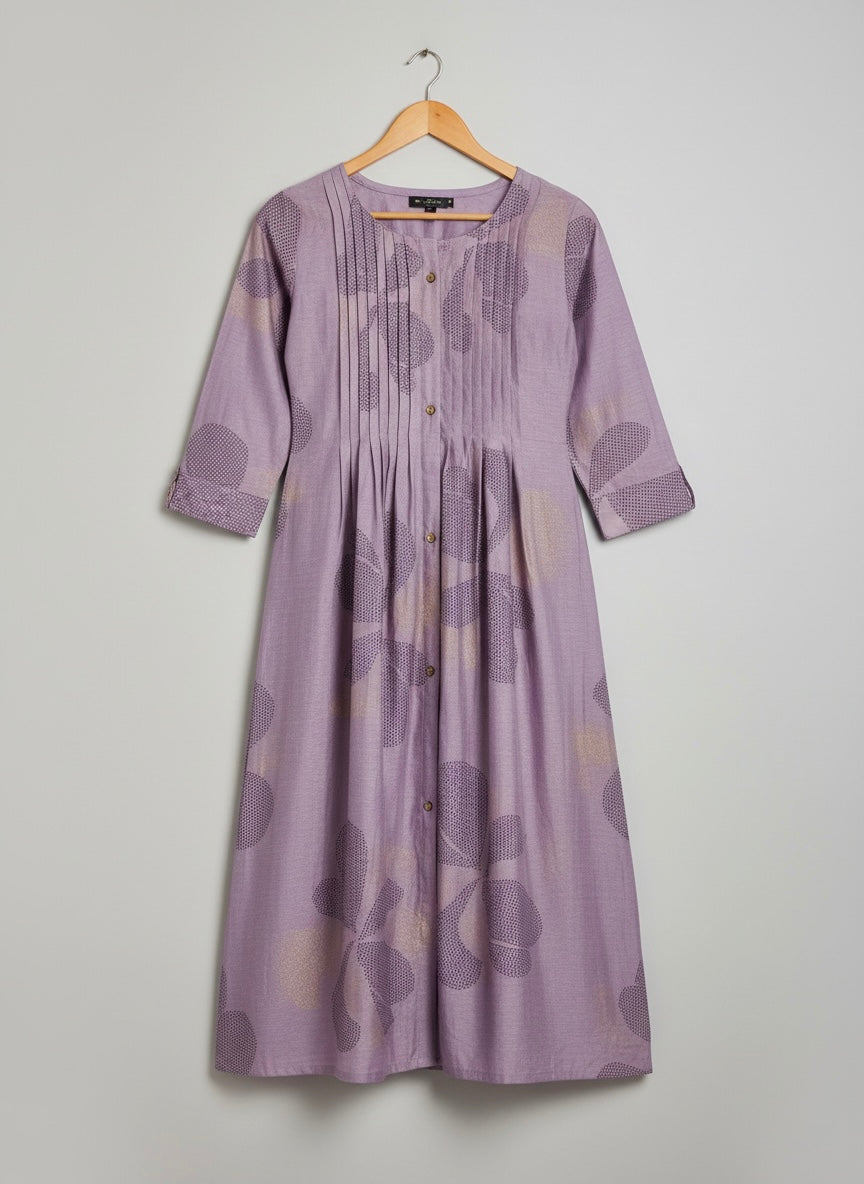 LAVENDER FLORAL PINTUCK MIDI SHIMMER KURTI (WITH COTTON LINING)