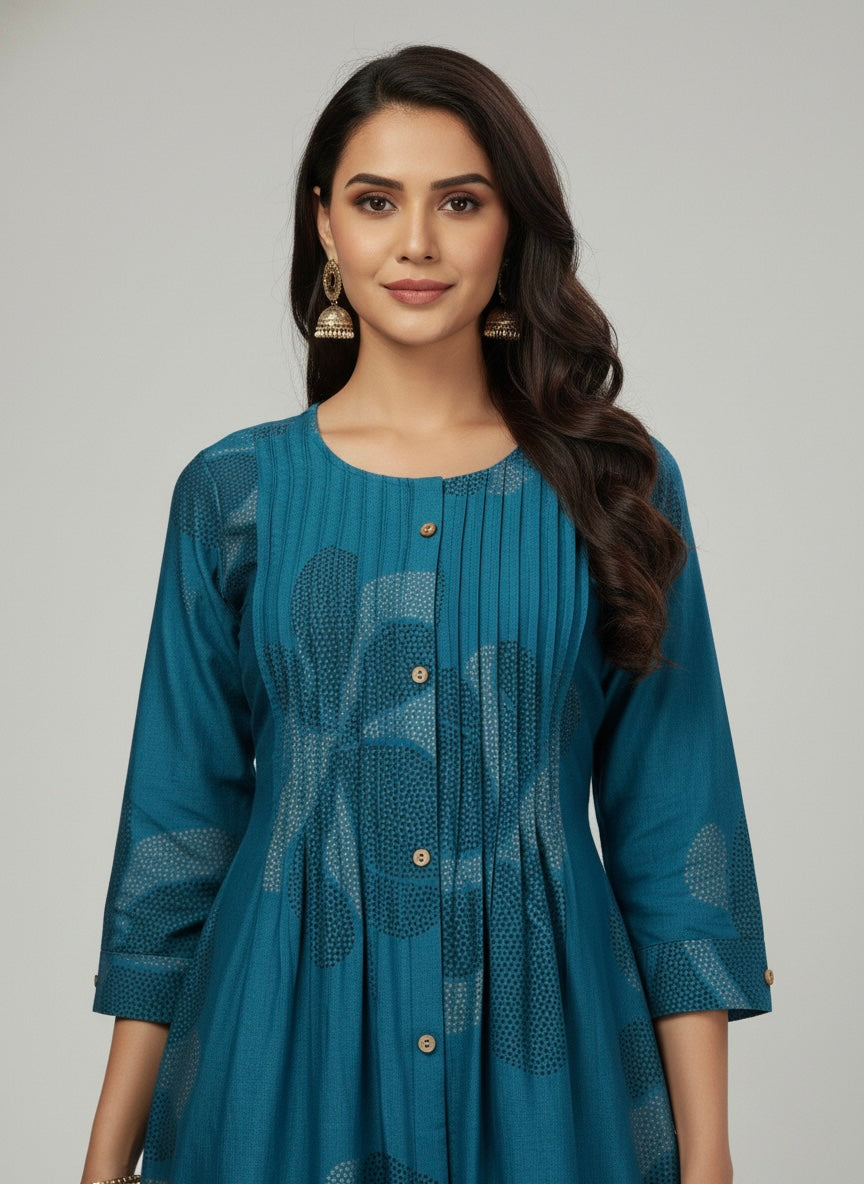 TEAL FLORAL PINTUCK MIDI SHIMMER KURTI (WITH COTTON LINING)
