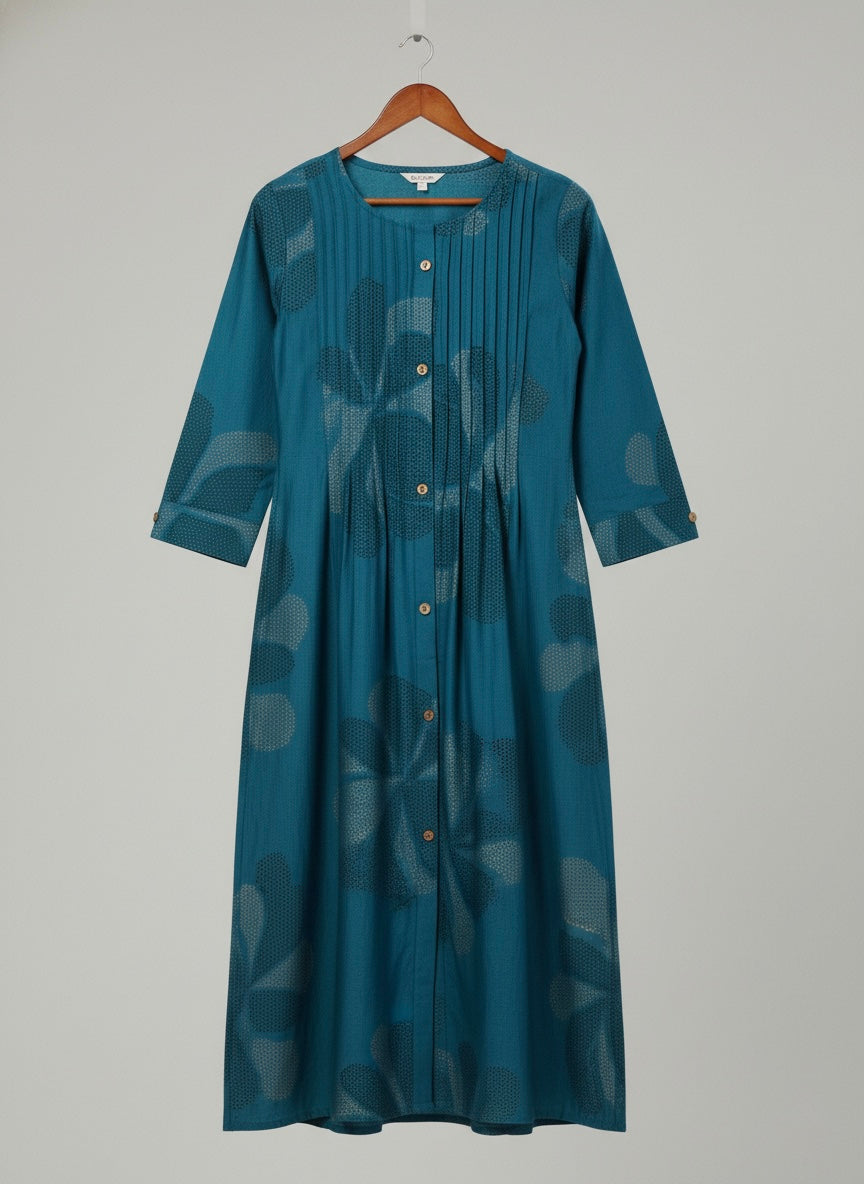 TEAL FLORAL PINTUCK MIDI SHIMMER KURTI (WITH COTTON LINING)