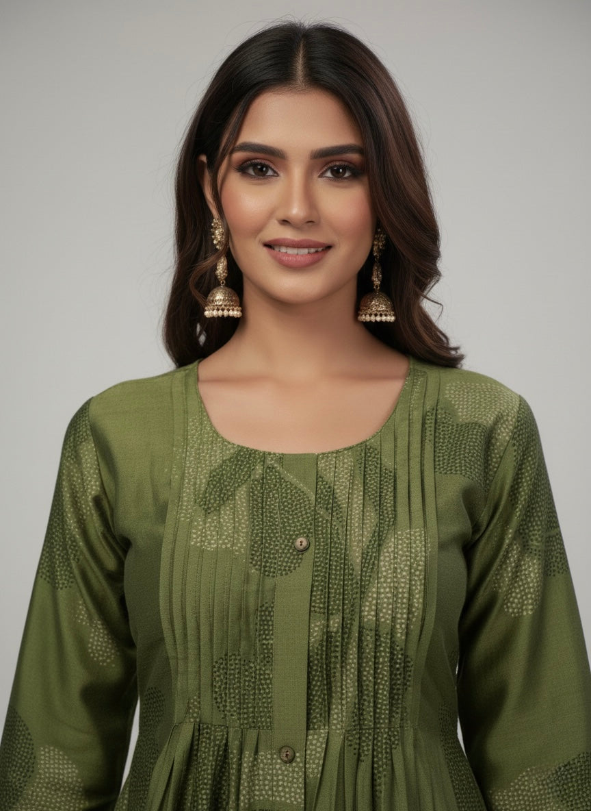 OLIVE FLORAL PINTUCK MIDI SHIMMER KURTI (WITH COTTON LINING)