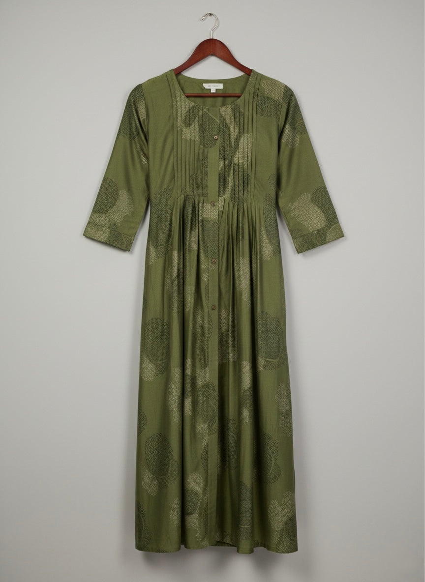 OLIVE FLORAL PINTUCK MIDI SHIMMER KURTI (WITH COTTON LINING)