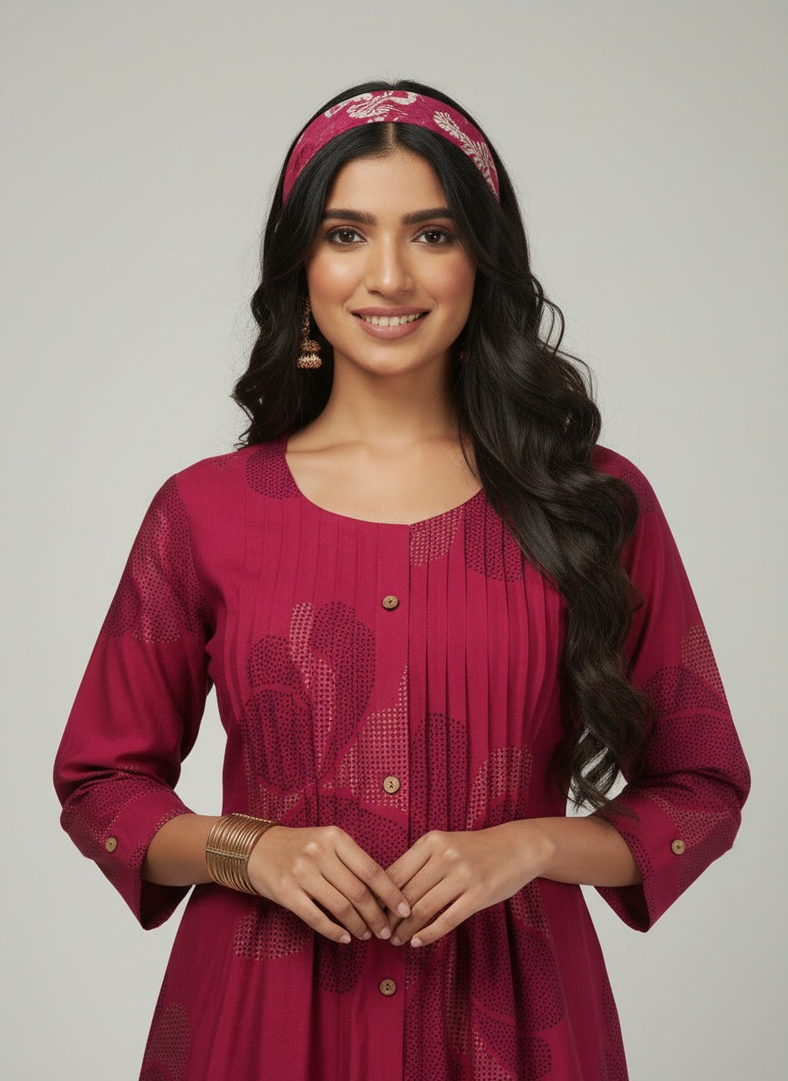 BERRY FLORAL PINTUCK MIDI SHIMMER KURTI (WITH COTTON LINING)