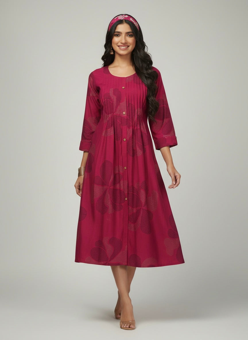 BERRY FLORAL PINTUCK MIDI SHIMMER KURTI (WITH COTTON LINING)