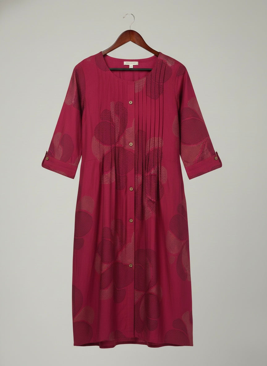 BERRY FLORAL PINTUCK MIDI SHIMMER KURTI (WITH COTTON LINING)