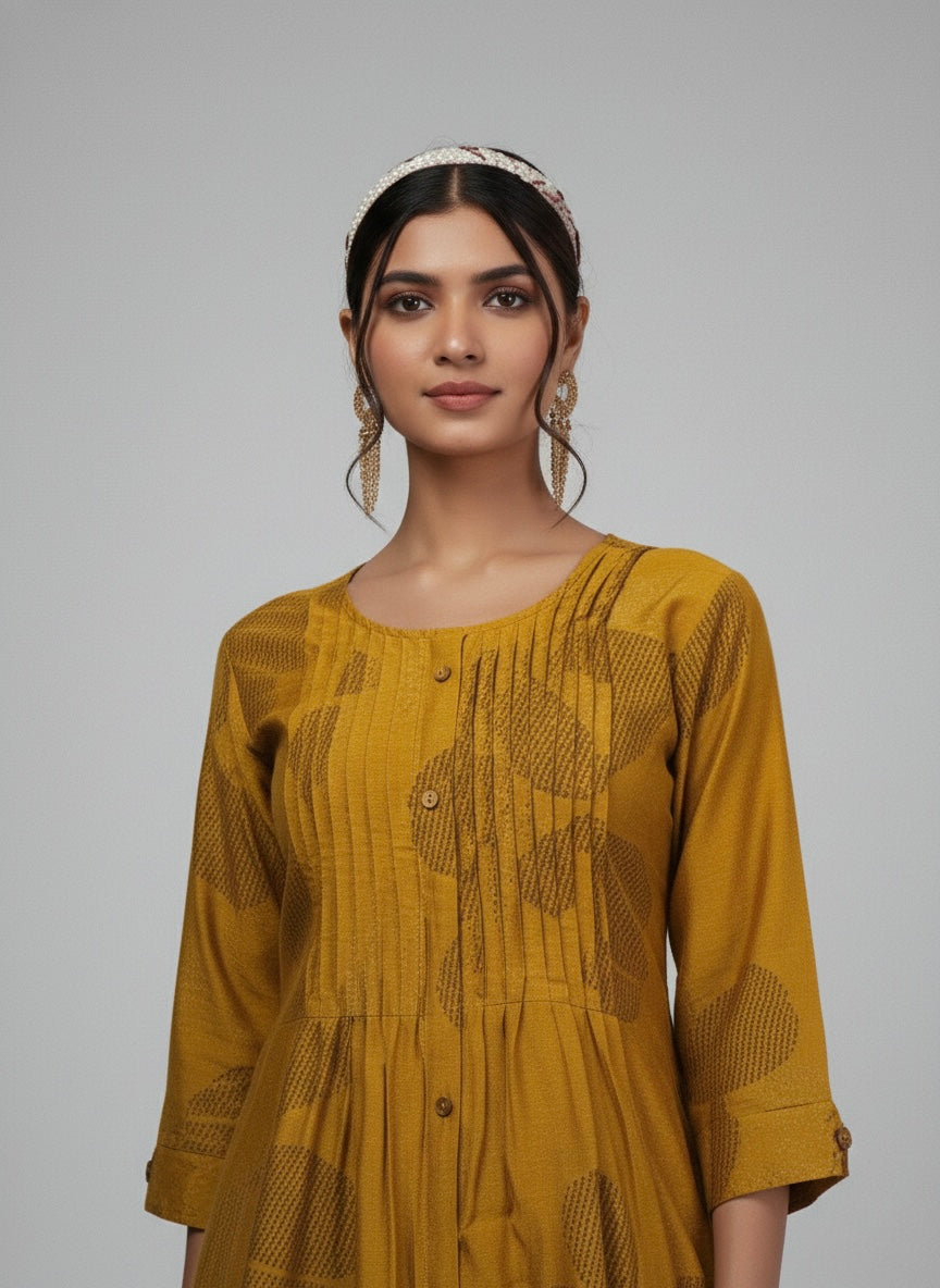 MUSTARD FLORAL PINTUCK MIDI SHIMMER KURTI (WITH COTTON KURTI)