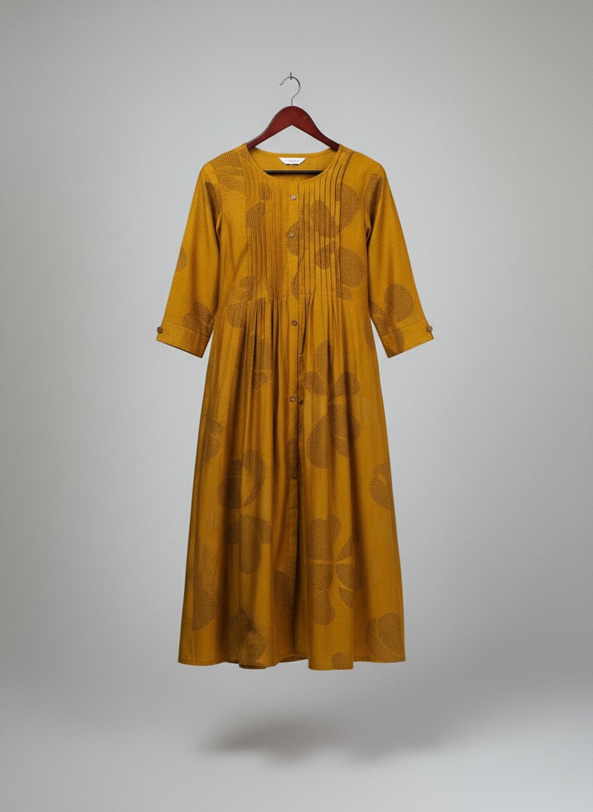 MUSTARD FLORAL PINTUCK MIDI SHIMMER KURTI (WITH COTTON KURTI)