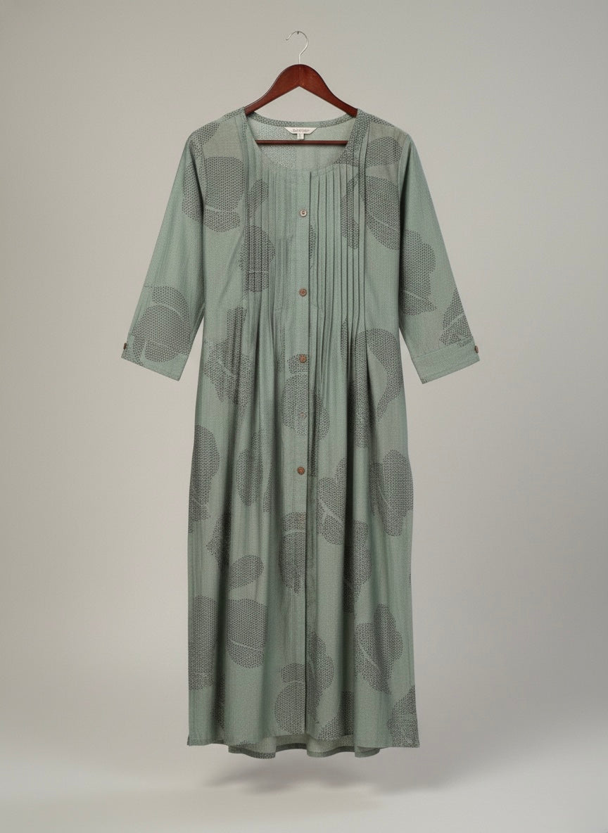 SAGE FLORAL PINTUCK MIDI SHIMMER KURTI (WITH COTTON LINING)